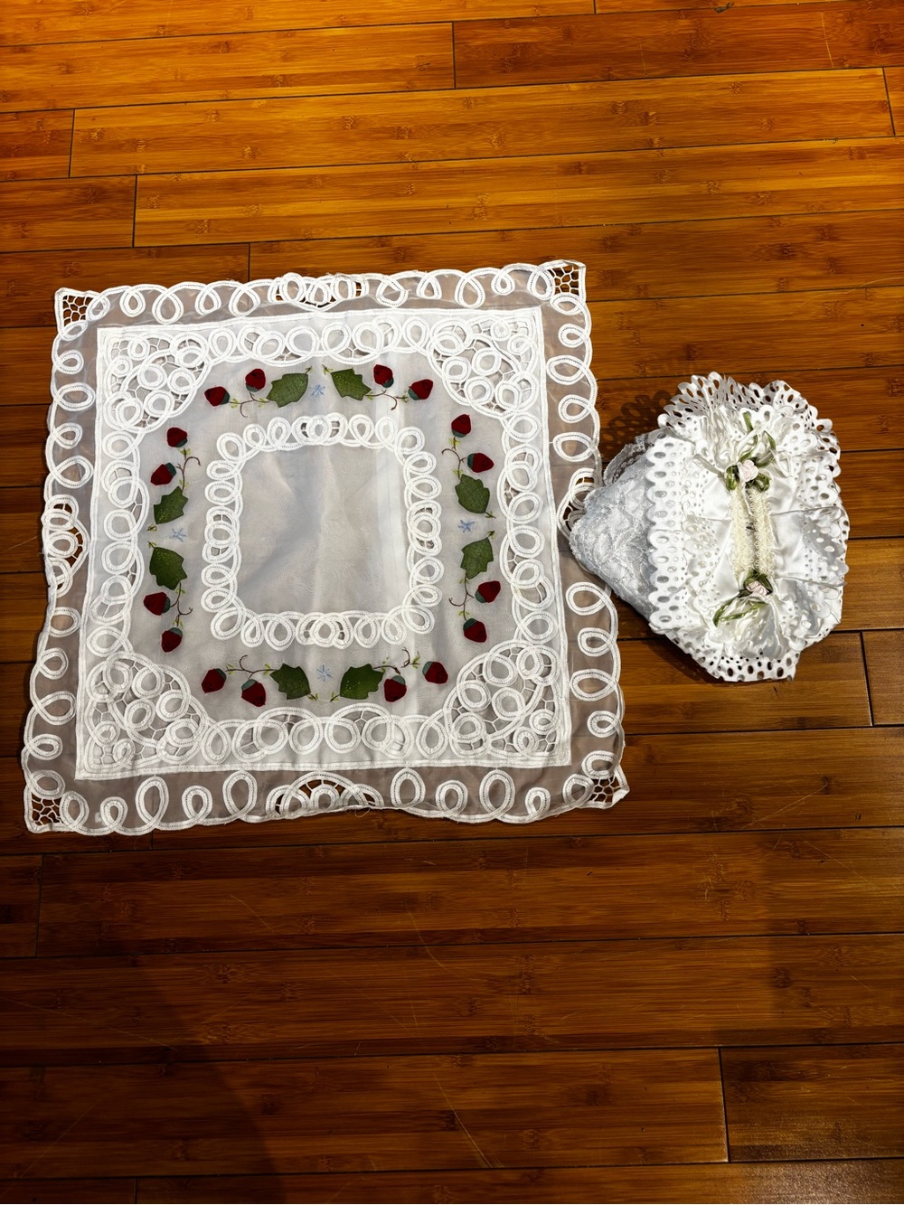 White Embroidered Lace coushion cover & tissue cover.